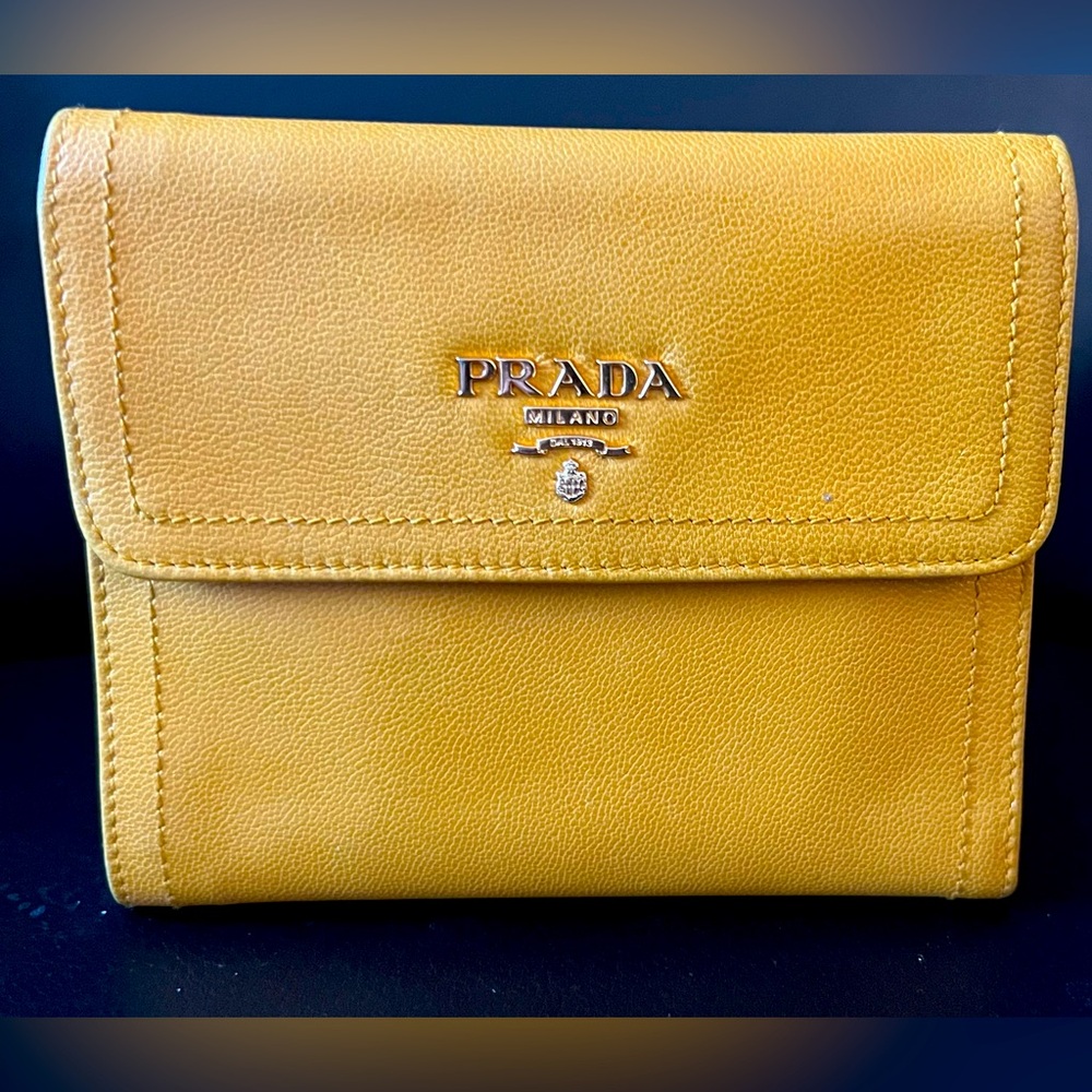 Authentic Prada Saffiano Leather Mustard Yellow Bi-fold Wallet with COA